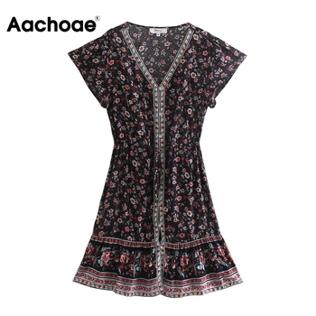 Aachoae Moterų V-Kaklo Gėlių Spausdinti Vintage Suknelė Su Diržo Linijos, Trumpomis Rankovėmis Mygtukai Elegantiškos Suknelės Vasaros Sundress Vestidos