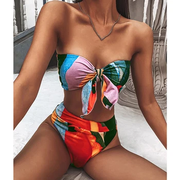 Aukštos juosmens bikini 2021 Bandeau mazgas maudymosi kostiumėlį Colorblock spausdinti maudymosi kostiumėliai moterims Seksualus push maudymosi kostiumą Paplūdimio
