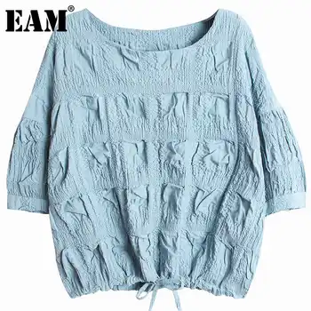 [EAM] Moterys, Mėlyna Plisuotos didelio Dydžio, Priežastinio T-shirt Naujas Apvalios Kaklo Trijų ketvirčių Rankovės Mados Banga Pavasario Vasaros 2021 1DD9733
