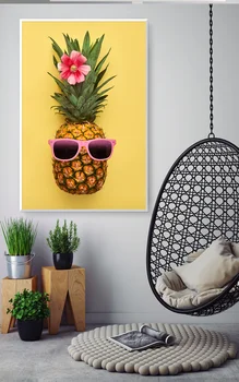 Havajų stiliaus plakatai, kietas geltoni balionai ir ananasų aliejaus tapyba, grafika, piešiniai, sienų apdaila, namų baldai
