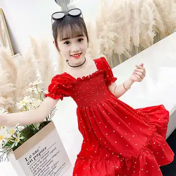 Išgalvotas Vaikystės Naujų 2020 m. Vasarą Raudona Oranžinė Vaikams Drabužių Paauglių Mergaičių 3 4 5 6 7 8 12 Sluoksniuotos Rankovėmis Šifono Princesė Suknelės