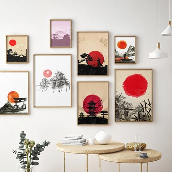 Japonų Stiliaus Akvarelės Dažai, Tapyba Šventykla Samurajus Saulėlydžio Plakatas Drobė Spausdinti Sienos Menas Nuotraukas Kambarį Namų Dekoro