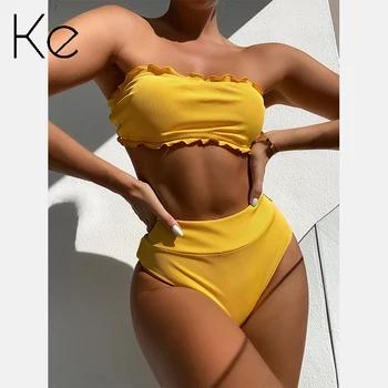 KE Nauja Kolekcija 2021 bikini bellyband bikini vientisos spalvos mėlynas dangus naujas nedidelis duobę juostelės mados seksualus maudymosi kostiumėlis moterims