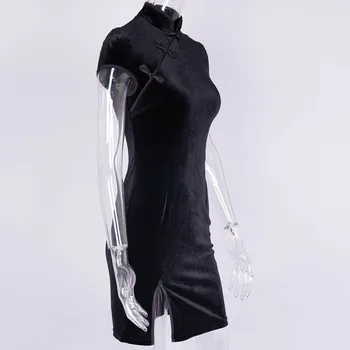 Kinijos Elegantiškas Moteris Aksomo Trumpą Mini Pieštuku Suknelė Tradicinių Trumpas Rankovės Sagos Golfo Bodycon Suknelė Padalinta Slim Suknelė