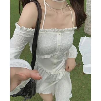 Korėjos 2021 M. Vasarą Lace-Up Dizainas Vieną Petį, Baltas Dirželis Suknelės Moterims Ilgomis Rankovėmis Elegantiška Suknelė Beach Party Vienas Gabalas Suknelės
