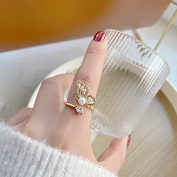 Korėjos Naujas Mados Juvelyrikos 14 KARATŲ tikro Aukso AAA Cirkonis Perlas Drugelis Žiedas Elegantiškas Atidarymo Reguliuojamas Moterų Gimtadienio Dovana žiedas