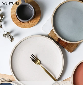 Kūrybos vientisos spalvos apvalios keramikos plokštės pusryčiai Vakarų kepsnys, salotos, desertas pyragas suši namų virtuvėje saugojimo dekoratyvinės plokštės