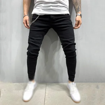 Mados Streetwear vyriški Džinsai Vintage Black grandinės Liesas Sunaikinta Ripped Jeans Skaldytų Punk Kelnes Homme Hip-Hop Džinsai Vyrams