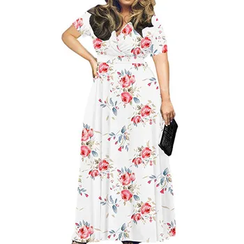 Mados Summer Maxi Dress Moterų Spausdinti Sundress Atsitiktinis Trumpas Rankovės Ilga Suknelė Vestidos Aukšto Liemens Apdaras Plus Size #T3G