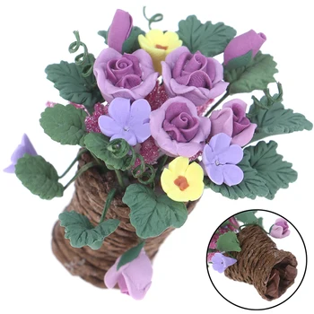 Miniatiūriniai lėlių Molio Gėlių Rotango Puodą Sodinamoji Pasakų Sodo Augalų Aksesuaras 1:12 Masto Violetinė Gėlė