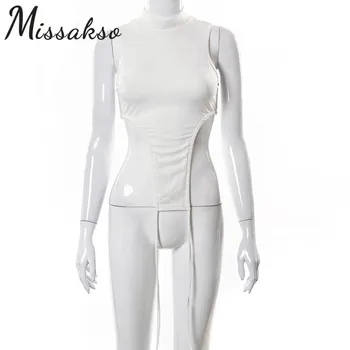 Missakso 2021 m. Vasarą Susieta Pasėlių Viršuje Streetwear Šalies Moterų Seksualus Mados Y2K Balti Berankoviai Golfo marškinėliai