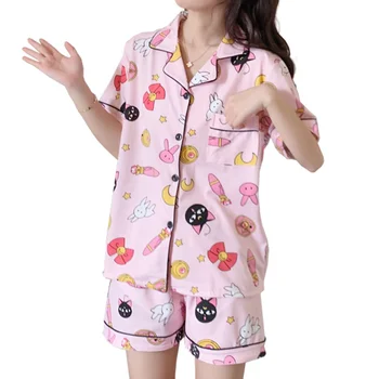 Moteriški Medvilnės Pižama Nustatyti Turn-žemyn Apykaklės, trumpomis Rankovėmis, Pižamos Kostiumas Minkštas Sleepwear Moterų Vasaros Animaciją Kačių Mėnulis Homewear