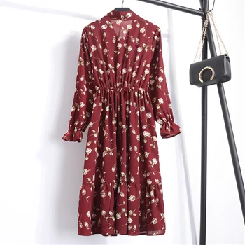 Moterų Atsitiktinis Rudens Dress Lady Korėjos Stilius Derliaus Gėlių Atspausdintas Šifono Marškinėliai Suknelė Ilgomis Rankovėmis Lankas Midi Vasaros Suknelė Vestido