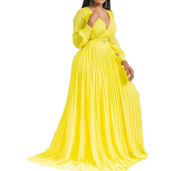 Moterų Maxi Plisuotos Suknelės Aukšto Juosmens su Diržo V Kaklo Elegantiškas Šalis Suknelė Ilgai Žibintų Rankovėmis Rudens Mados Geltona Vestidos