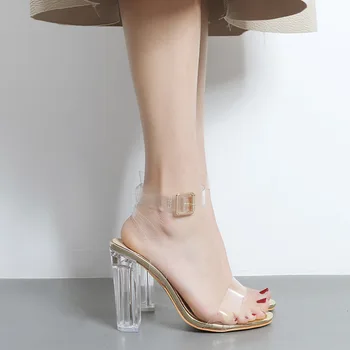 Moterų sandalai PVC Sklendė, Dirželis 11,5 cm Aikštėje kulno Aukšti kulniukai, Suapvalinti Tne Seklių moterų batai sandalias mujer 2020 m dydis 35-42