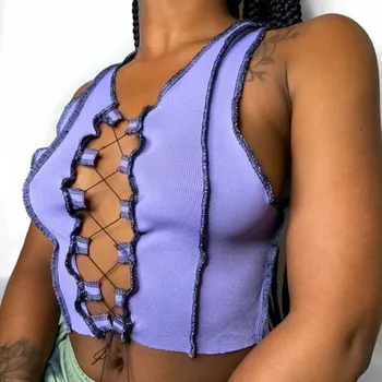 Moterų Sexy Tuščiaviduriai Iš Camisole Lastikiniu Mezgimu Pasėlių T-Shirt Vasaros Mados Klubo Šalis Nešioti Tankų Tvarstis Liemenė Moteriška Tee