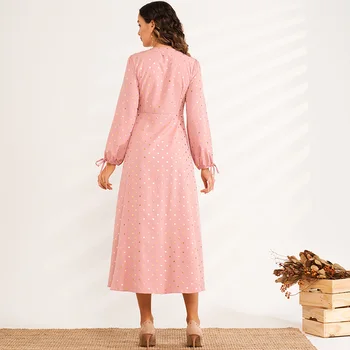 Naujas Produktas Mados Karšto Štampavimo Banga Taško Plonas Ilgas, V-kaklo, ilgomis rankovėmis Lankas Saldus ir Elegantiškas-line Moteris Rožinė Suknelė