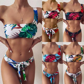 Naujas vieno peties spausdinti bikinio virvutę maudymosi kostiumėlį plaukimo kostiumas moterims