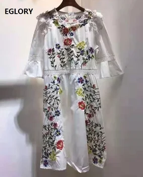 Naujausias Mados Suknelė iki 2021 m. Pavasarį, Vasarą Moterys Prabangus Gėlių Siuvinėjimas Rankovėmis Varpo Balta Juoda Medvilnės Suknelė Atsitiktinis Šalies XL