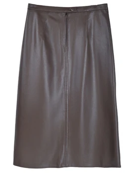 Nerazzurri Pavasarį, rudenį ilgi rudi soft high waisted pu odos sijonas moterims, priekiniai ritininės sijonai moterims korėjos mados 2021