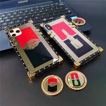 Raudona Lūpų Atveju iPhone, 11 PRO MAX 12 PRO 6S 7 8 X XS 20 Pastaba Ultra S21 Plius S9 S10 S20 Aikštėje Gold Lūpų dažai, Veidrodėlis Telefono Dangtelį