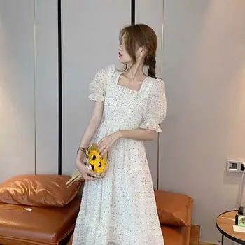 Saldus gėlių Nėrinių Suknelė trumpomis Rankovėmis Elegantiškas Šifono Suknelė korėjos Stiliaus Aikštėje Apykaklės Šalis Suknelė Moterų Dot Vasaros 2021 Naujas