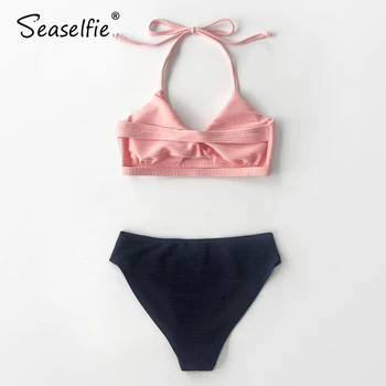 SEASELFIE Seksualus, Rožinės ir Tamsiai Apynasrio Mažai-Waisted Bikini Rinkiniai maudymosi kostiumėlį Bako Viršuje iš Dviejų dalių maudymosi Kostiumėliai Moterims, 2021 Paplūdimio Maudymosi Kostiumas