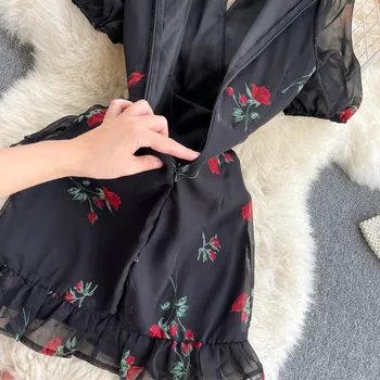 Sluoksniuotos rankovėmis Saldus Suknelė Moteriška Vasaros Naują V-kaklo Gėlių Printted Slim Black Trumpą šifono Suknelę