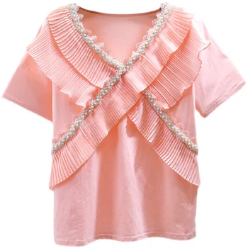 Sunkioji Pramonė Karoliukai Nėriniai-Pritvirtinti Viršūnes Moterų 2021 M. Vasarą Šifono Plisuotos Kratinys trumparankoviai marškinėliai Saldus T Shirts Mujer