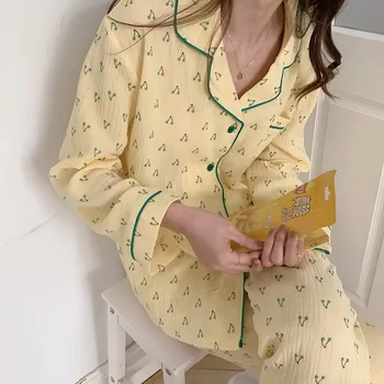 Svetimų Katytė Moterų Vintage Mados Pavasario 2021 Švelnus Atsitiktinis Aukštos Kokybės Korėjos Vyšnia Priting Prarasti Naktiniai Drabužiai Pižama Komplektas