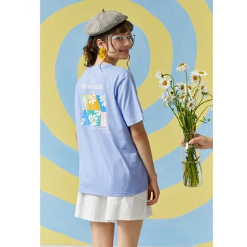 Toyouth Moterų Tees 2021 M. Vasarą trumpomis Rankovėmis Apvalios Kaklo Laisvi marškinėliai Kontrasto Spalvos Daisy Gėlių Chill Pagrindinės Viršūnės