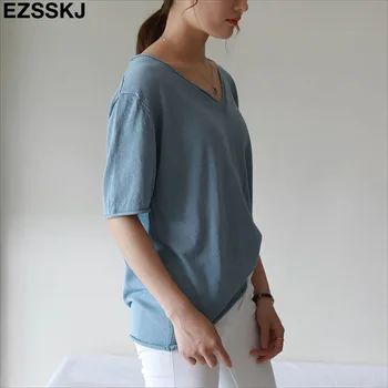 Vasaros mezgimo negabaritinių marškinėliai moterų v-kaklo atsitiktinis looset-marškinėliai basic didelis marškinėliai megztinis moteriška trumpas rankovės kietasis tees