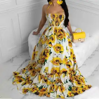 Vasaros Šalis, Ilgas, Maxi Suknelė Moterims Derliaus Gėlių Spausdinti Swing Suknelė 2021 VONDA Vasaros Paplūdimio Vestidos Femme Skraiste