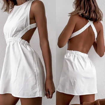 Vasarą Moterys Vasaros Suknelė Seksualus Lankas Backless V-kaklo, Mini Paplūdimio Suknelės Rankovių Mini Pynimas Balta Vasaros Paplūdimio Suknelė