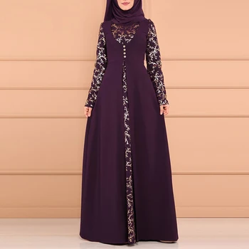 Šalis Elegantiškas Musulmonų Suknelė Moterims ilgomis Rankovėmis Dubajus Kaftan Maxi Suknelė be Hijab Plius Dydis Slim Gėlių Raštas Ilgos Suknelės