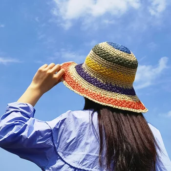 šiaudines skrybėles pavasario vasaros spalvotų kratinys apsaugos nuo saulės platus kraštų vasaros skrybėlės lauko atsitiktinis paplūdimio juosta yra rankų darbo saulė skrybėlės