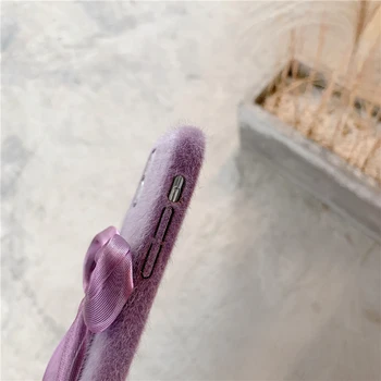 Žiemos Violetinė Kailio Pliušinis Bowknot Telefono dėklas Skirtas iPhone 12 11 Pro Max X XR XS 7 8 Plus SE 2020 m. 12 Mini Atveju Minkšta Šluoste Galinį Dangtelį
