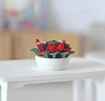 1/12 Miniatiūriniai Lėlių Priedai Mini Molio, Rožių Vazoninių Augalų Modeliavimo Gėlių Modelio Žaislai Doll House Dekoro