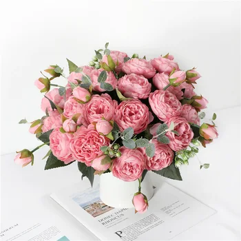 1 Puokštė 5 Dideli Galvos ir 4 Bud Pigūs Netikrą Gėlės Namuose Vestuvių Dekoravimas Rose Pink Silk Bijūnas Dirbtinės Gėlės