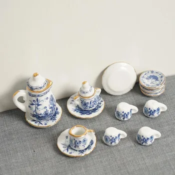 15vnt/rinkinys lėlių namelis miniatiūriniai mėlynos ir baltos spalvos rinkinys Keramikos puodą žaislas puodeliai modelis priedai plokštės modeliavimo rinkinys Lėlių namelis M5Y2
