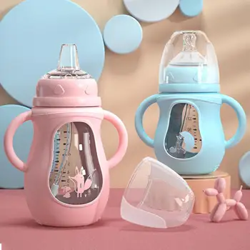 2-Piece Set Anti-Rudenį Kūdikių Buteliukas su Šiaudelius 150ml/240ml Kūdikių Stiklo Butelis Drop-įrodymas, Naujagimio Geriamas Puodelis su Šiaudų