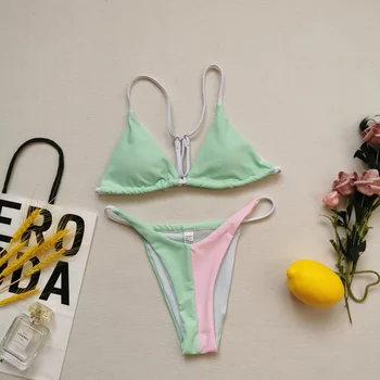 2021 Bikini Maudymosi Kostiumas Moterims vientisos Spalvos Seksualus maudymosi Kostiumėliai Moterims Vasaros paaukštintu liemeniu Thong Bikini