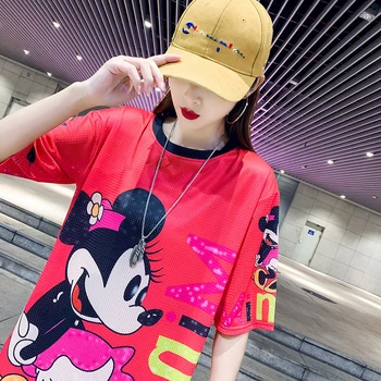 2021 Disney Ilgai T-shirt Moterims, Animacinių filmų Minnie Mouse Grafikos Anime Kawaii Viršūnes Trumpas Rankovės Sijonas Moterų Saldus Viršūnių Tee Drabužiai