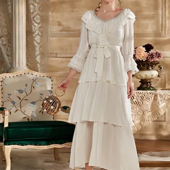 2021 Nauja, Moterų Ilgas, Baltos spalvos Pižamą Tortas Modelis Sleepwear Sijonas Su Diržu Rūmai Derliaus Slim Nightdress S Sleepshirt