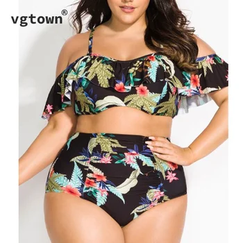 2021 Naujas Plus Size 5XL Vasaros Moterims Seksualus Gėlių Bikini užskaityti Pečių, trumpomis Rankovėmis maudymosi kostiumėlį, maudymosi Kostiumėliai, Maudymosi Kostiumą, Bea
