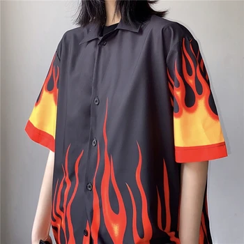 2021 naujas stilius korėjos gatvės liepsna spausdinti porą hip-hop trumparankoviai marškinėliai moterims