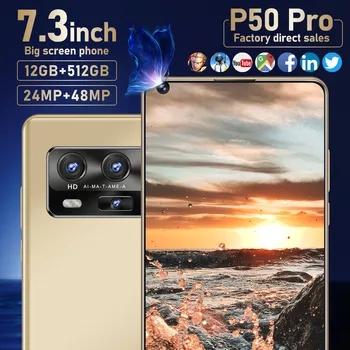 2021 Pasaulio Versija P50 Pro 5G 7.3 Colių Android 10.0 vandens lašelius HD Ekranas, mobilusis telefonas, Mobilusis Telefonas, 5600mAh 12 GB 512 GB Išmanųjį telefoną