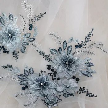 3D Gėlių Royal Blue kalnų krištolas Nėrinių Aplikacijos Blizgančiais Puošnios Nėrinių Pleistras Gėlių Siuvimo Apdaila apykaklės Vestuvių Dekoro Suknelė 