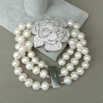 3rows Baltos spalvos gėlavandenių Perlų 18k Baltu Auksu Cz nutiesti Gėlių Apyrankė