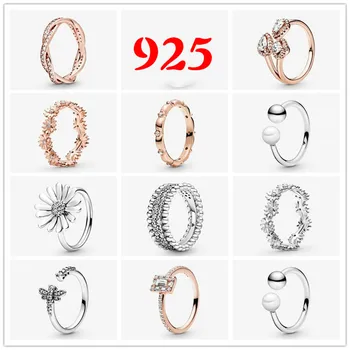 925 Sterlingas Sidabro visos Žiedas Apakinti Daisy Gėlių Su Crystal Žiedai Moterų Vestuvės Juvelyrika